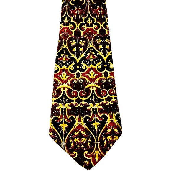 Gianni Versace Vintage Tie Baroque Gold Black Red Silk Barocco Italy Old Money
